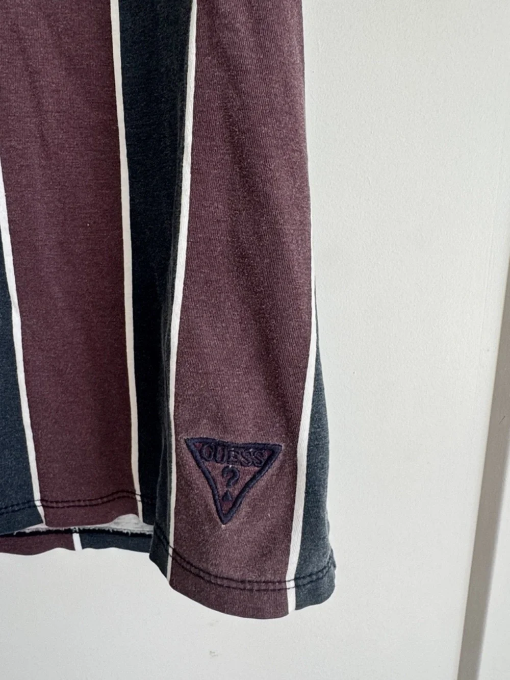 GUESS Men's Striped Crew Neck Tee - Burgundy & Charcoal - Picture 2 of 4
